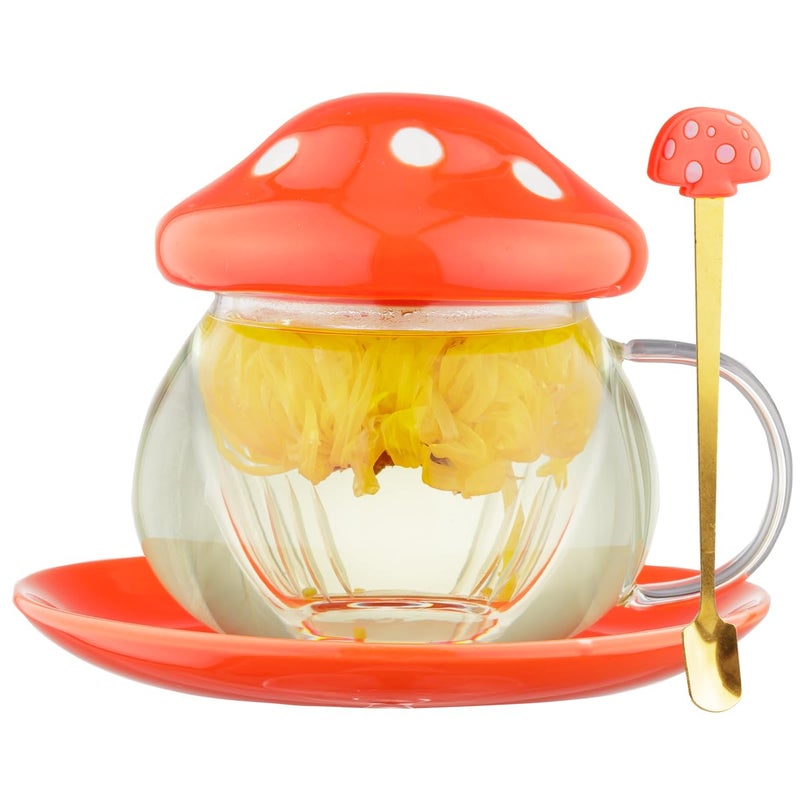 Rain House Mushroom Tea Cup Set, Cute Glass Tea Cups and Saucers, Kawaii Tea Cup with Infuser for Loose Leaf Tea Steeper, Coffee Mug Christmas Gifts for Women, Tea Infuser Mug with Lid for Mother Girls (Orange) - Image 1